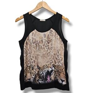 Fato Black Leopard Jaguar Print Tank Top Womens M Semi Sheer Animal Print Y2K
